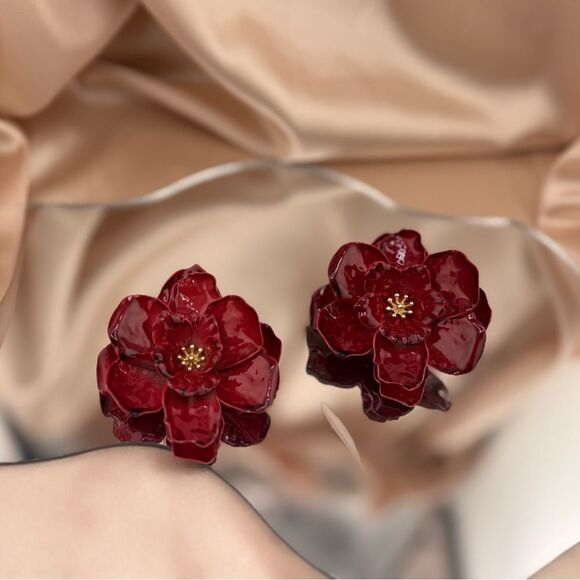 Bold Burgundy Red Statement Earrings. Trendy! - Picture 6 of 7